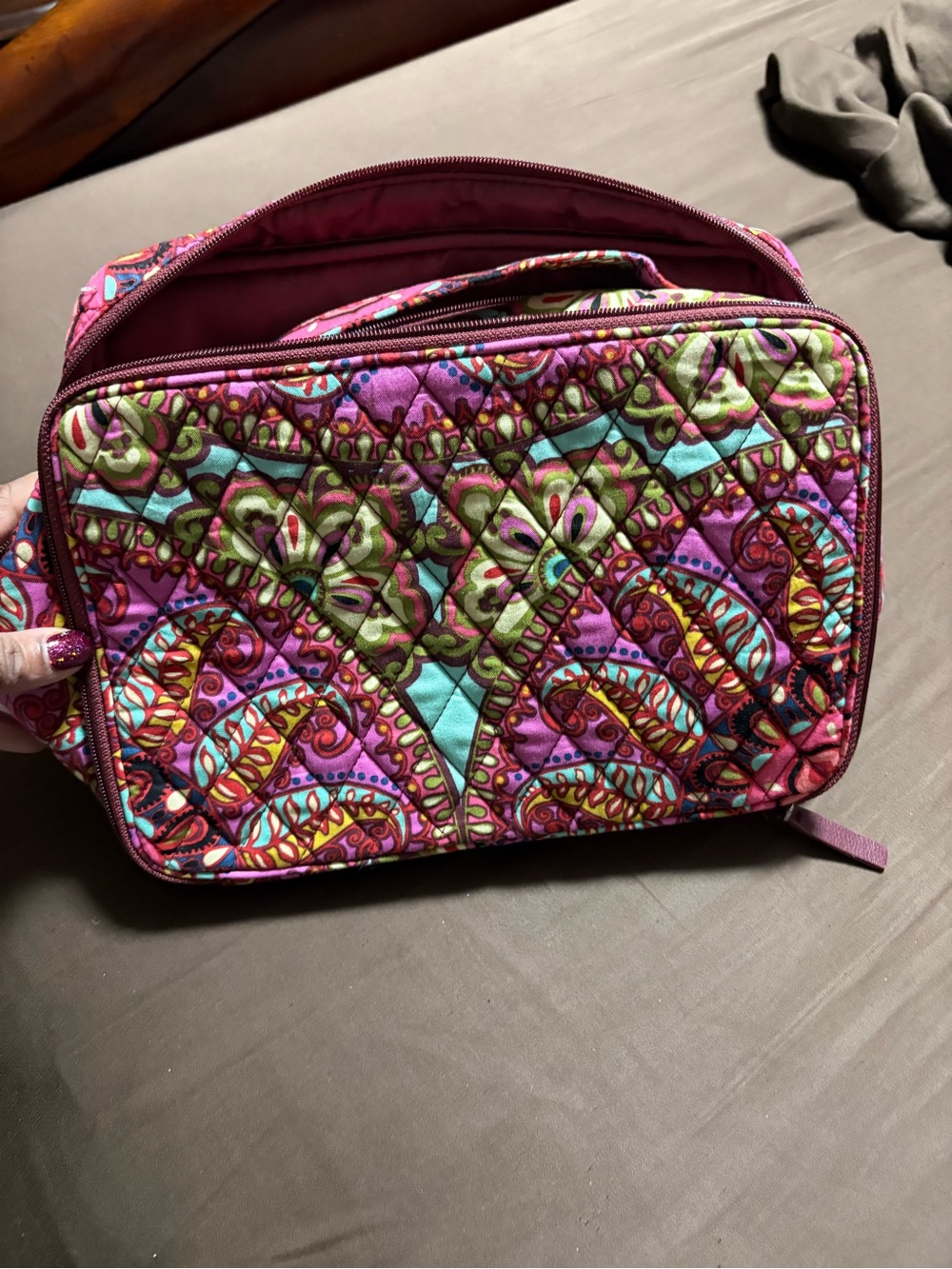 Vera Bradley Quilted Cosmetic Case in Pink, Green & Teal Paisley